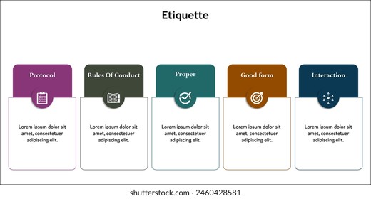 Five aspects of etiquette - Protocol, Rules of conduct, proper, Good form, Interaction. Infographic template with icons and description placeholder