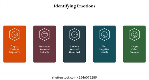 Cinco aspectos de identificar emociones. Plantilla de infografía con iconos y marcador de posición de descripción