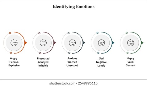 Cinco aspectos de identificar emociones. Plantilla de infografía con iconos y marcador de posición de descripción