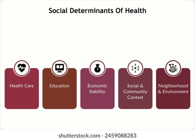 Fünf Aspekte der sozialen Determinanten der Gesundheit - Gesundheit, Bildung, wirtschaftliche Stabilität, sozialer und gemeinschaftlicher Kontext, Nachbarschaft und Umwelt. Infografische Vorlage mit Symbolen 