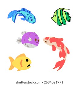 Five assorted color cute fishes.