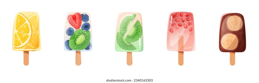 Five assorted fruit ice cream isolated.