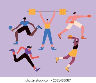 five athletic persons practicing sports