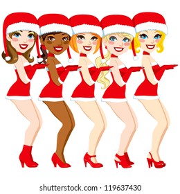 Five attractive women dancing performance with a sexy Santa Claus costume