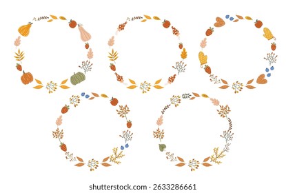 Five autumn round wreath frames vector illustration, decorated with colorful leaves, pumpkin, berries, mushrooms, apples and cookie shapes. Use for seasonal invitation or greeting card.