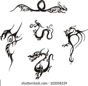 Five awesome simple dragon tattoo designs. Vinyl-ready EPS Illustrations, black and white sketches.