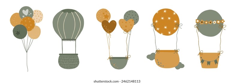 Five balloons for children's design. Illustration of bed tones. Cute animal free balloons with ribbons and flags.