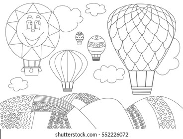 Five Balloons flying the sky - black and white sketch
