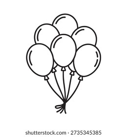 Five balloons are tied together in a simple black and white illustration indicating a celebratory occasion.