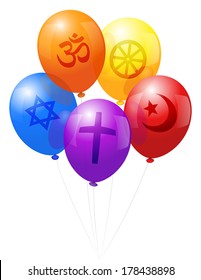 Five balloons, which are labeled with symbols of the five world religions: Christianity (purple), Hinduism (orange), Judaism (blue), Islam (red) and Buddhism (yellow).