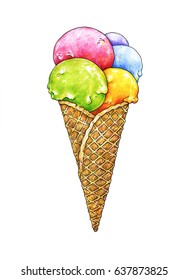 Five balls of multi-colored ice cream in a wafer cone isolated on a white background. Color drawing markers. Handwork sketch. Vector ice cream illustration