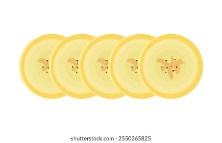 Five banana fruit slices in flat style isolated on white background. Cartoon banana. Vector illustration