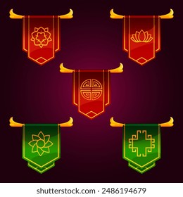 five; banner; coats of arms; hanging; crossbar; cliparts; graphic; illustration; design; vector; icon; gold; brown; cartoon; ornament; flag; Japanese; green; pentagon;