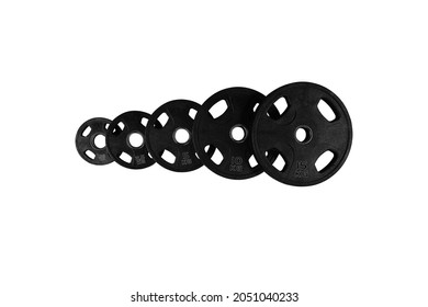 five barbells on white background