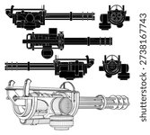 Five Barrel Gatling Style Machine Gun Vector 02. A Powerful Rapid Fire Capabilities And Multiple Cylindrical Barrel Assembly Gun.
