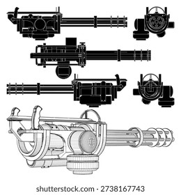 Five Barrel Gatling Style Machine Gun Vector 02. A Powerful Rapid Fire Capabilities And Multiple Cylindrical Barrel Assembly Gun.