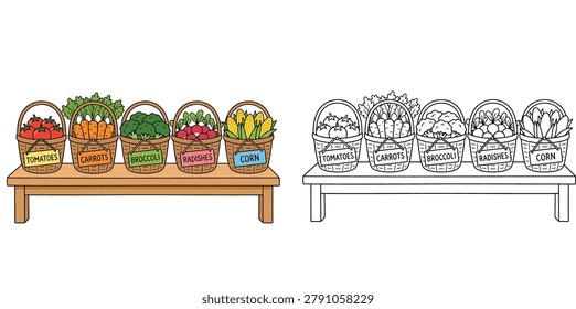 Five baskets of fresh vegetables on a wooden table with a matching black and white coloring page for children's educational activities.