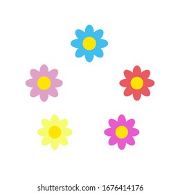 Five beautiful daisy flowers chamomile, side view and top view isolated on white background. Vector illustration.  EPS 10