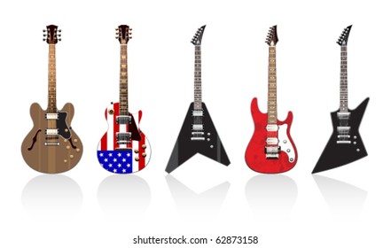 five beautiful electric guitars on a white background