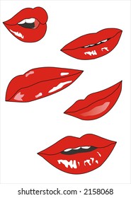 Five beautiful female lips with red lipstick on white background