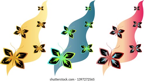 Five beautiful gradient butterflies on a gradient wavy ribbon background (set of three variants: golden, green with blue, peach pink with red) vector