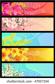 Five beautiful spring floral colorful horizontal banners