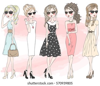 Five beautiful stylish cute cartoon fashion girls. Vector illustration.