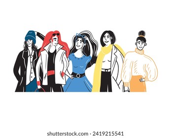 Five beautiful women are standing together with black or red hair with different haircut and clothes. Concept of fashion everyday casual style look illustration. Hand drawn vector doodle drawing.