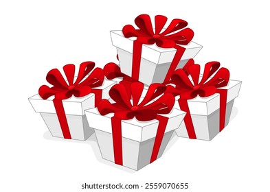 Five beautifully wrapped white gift boxes adorned with red ribbons and bows, stacked together