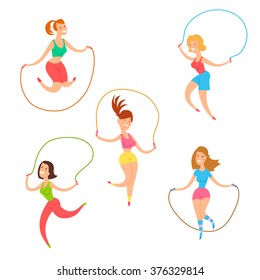 Five beauty fitness people with jumping rope. Jumping high girls set isolated on white background. Weight loss vector illustration. Gymnastic girls, sport activity. Health care.