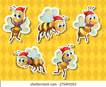 Five bees flying with yellow background