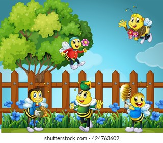 Five bees in the garden illustration