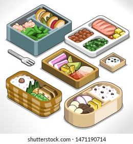 Five bento boxes with healthy food such as beans, rice, tofu, vegetables, radish and sandwich (vector illustration, isometric style)
