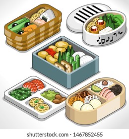 Five bento boxes with lunch for work (illustration in isometric view)