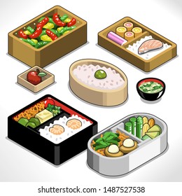 Five bento boxes for school lunch, filled with shrimps, vegetables, fish, rice and bell pepper (vector illustration, isometric style)