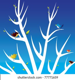 five birds on white tree branches with blue background