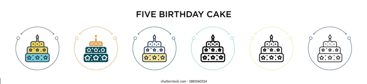 Five birthday cake icon in filled, thin line, outline and stroke style. Vector illustration of two colored and black five birthday cake vector icons designs can be used for mobile, ui, web