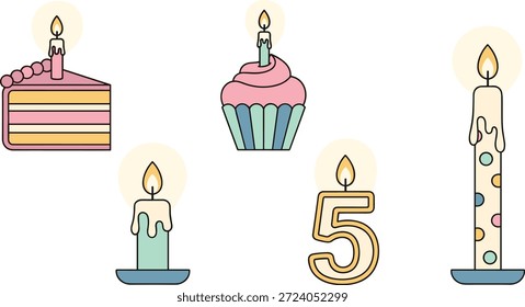 Fünf Geburtstagskerzen; Kuchenscheibe; Cupcake; Zierelemente