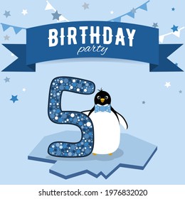 Five birthday party invitation. Postcard with boy penguin in blue colors.