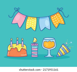 five birthday party set icons