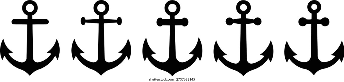 Five black anchors presented in a row, representing seafaring, stability, security, maritime themes, and steadfastness.