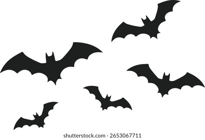 five black bat silhouettes in various flying poses against a clean white background, evoking a Halloween or spooky theme