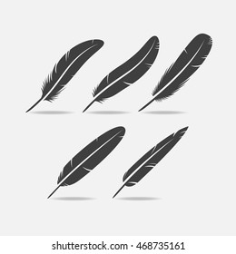 Five Black Bird Feather Icon Silhouette With Slits.