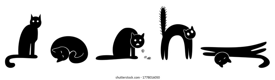 Five black cats in different positions - sitting, sleeping, coughing, frightened, stretching. Vector illustration isolated on white background.