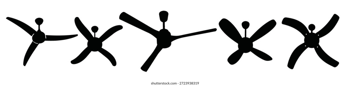 Fünf schwarze Deckenventilatoren Silhouetten auf weißem Hintergrund