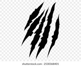 Five black claw scratches isolated on a transparent background. Perfect for Halloween designs, horror themes, and animalistic effects.