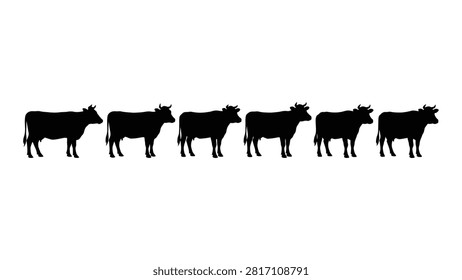 Five black cows standing in a row facing left