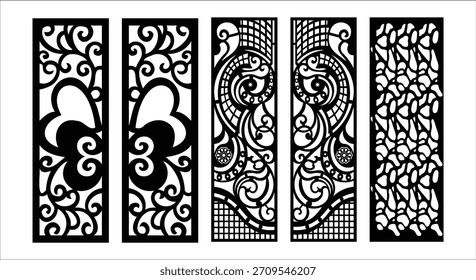 Five black decorative panels with intricate scrollwork, floral motifs, and geometric patterns on a white background.