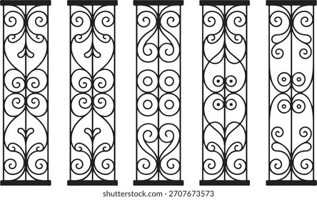 Cinco paneles de Vertical decorativos negros con remolinos intrincados y Formas de corazón adornadas en blanco y negro