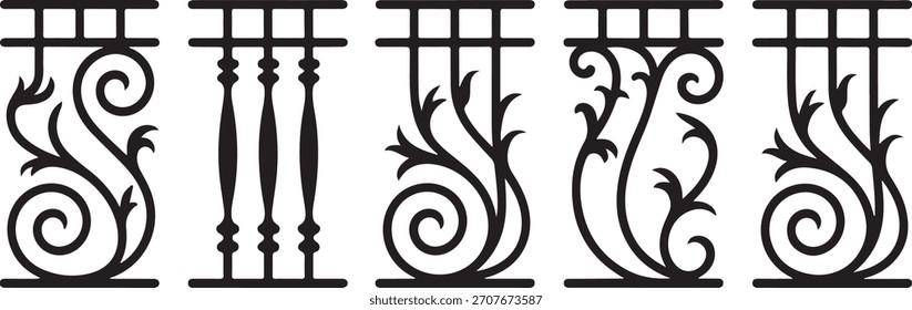 Cinco Diseños decorativos negros del hierro forjado y de Scrollwork en blanco arquitectónico